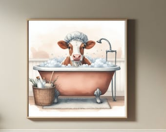 Whimsical Cow in Bathtub Art Print: Funny Bathroom Wall Decor