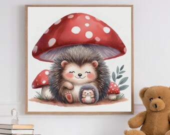 Mama and Baby Hedgehog Nursery Art Print: Whimsical Forest Animals