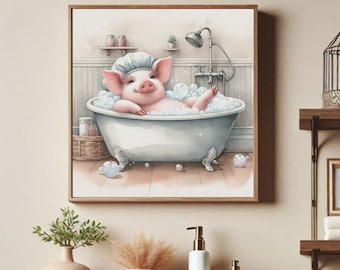 Playful Pig Bath Art Print: Funny Farmhouse Bathroom Decor