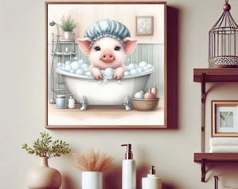 Playful Pig Bath Art Print: Funny Farmhouse Bathroom Decor