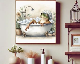 Frog in Bathtub Art Print: Whimsical Bathroom Wall Decor
