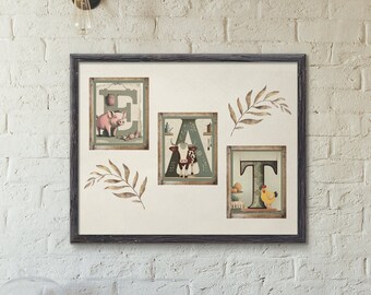 Vintage Farmhouse Kitchen Art Print: Pig, Cow, Chicken 'EAT'
