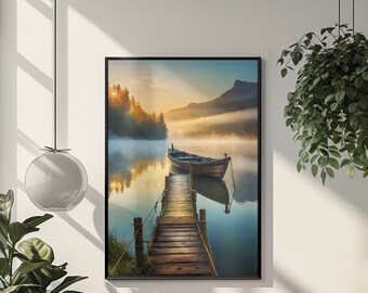 May include: A framed print of a wooden dock extending into a lake with a small wooden boat tied to it. The lake is surrounded by trees and fog, and the sun is shining through the trees.