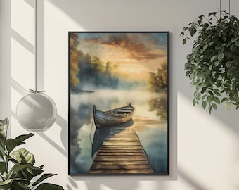 Sunrise Fishing Boat Art Print: Rustic Lake Décor