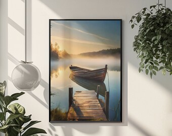 May include: A wooden boat sits on a calm lake with fog in the background. The boat is tied to a wooden dock with a wooden walkway leading to the shore. The sun is shining through the trees in the distance.