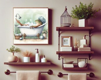 Frog in Bathtub Art Print: Whimsical Bathroom Wall Decor