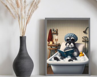 Funny Schnauzer in Tub Art Print: Whimsical Bathroom Dog Decor
