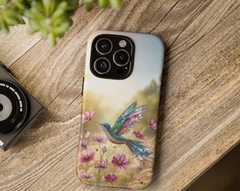 Stained Glass Hummingbird Phone Case, Floral Art, Dual Layer