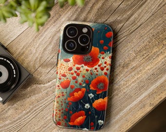 Red Poppy Field Phone Case, Summer Wildflower Bloom, Tough Case