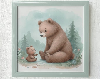 Mama Bear and Cub Art Print: Forest Nursery Decor
