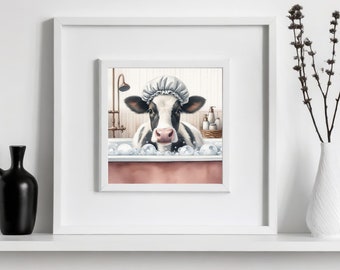 Whimsical Cow in Bathtub Art Print: Funny Bathroom Wall Decor