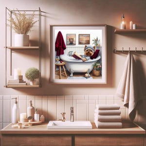 Bath Time Bliss Yorkie Relaxing in Bathtub Art Print 1, Yorkshire Terrier Decor, Funny Dog Reading Wall Art, Dog Lover Gift, Bathroom Décor