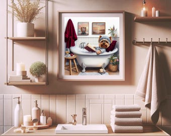 May include: A framed illustration of a dog wearing a towel and relaxing in a bathtub with a book. The dog is in a bathroom setting with a window, a stool, and a plant.