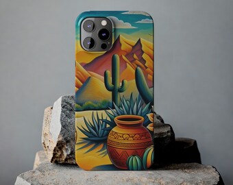 May include: A colourful phone case featuring a desert landscape with a cactus, agave plants, and a clay pot. The case has a blue, yellow, green, and orange colour scheme.