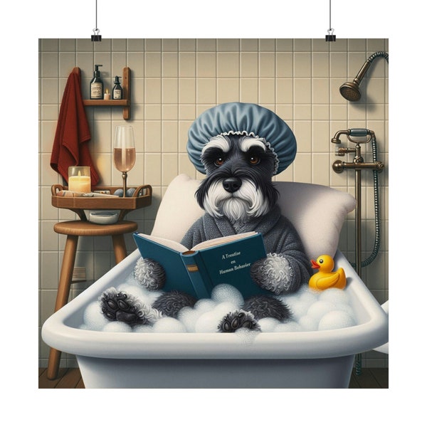 Schnauzer Life Taking a Bath and Reading a Book, Dog Bathroom Wall Decor, Schnauzer Art, Funny Bath Wall Hanging, Animal in Bathtub