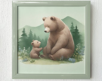 Bear and Cub Nursery Art Print: Forest Animals, Woodland Decor