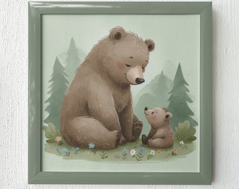 Mama Bear and Cub Nursery Art Print: Woodland Forest Decor
