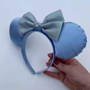Blue Satin Cinderella Inspired Minnie Ears, Baby Blue Princess Ears, Tiara Bow Ears