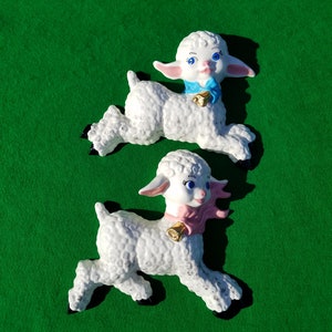 Vintage Ceramic Pair of Lamb Pink and Blue Wall Plaques Nursery Decor
