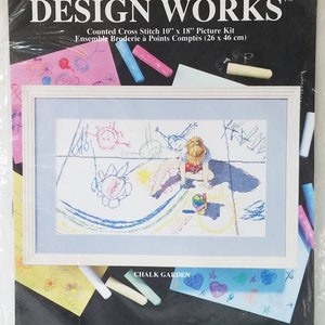 Vintage Design Works “Chalk Garden” Counted Cross Stitch 10” x 18” Picture Kit Sealed 1980s.