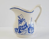 Royal Crownford Ironstone Sun Bonnet Girl Creamer Pitcher Blue and White Weatherby Hanley England Royal Falcon Ware 1960s.