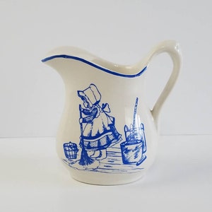 Royal Crownford Ironstone Sun Bonnet Girl Creamer/Pitcher Blue and White Weatherby Hanley England Royal Falcon Ware 1960s.