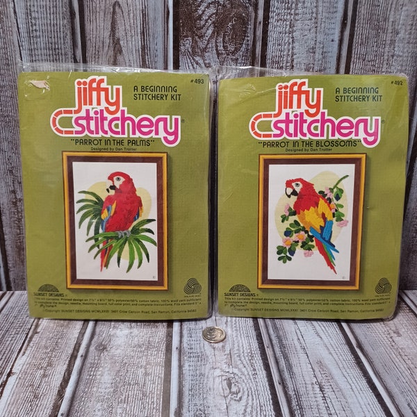 Vintage Sunset Designs Jiffy Beginning Stitchery Kits Parrot in the Palms and Parrot in the Blossoms Sealed kit 1981.