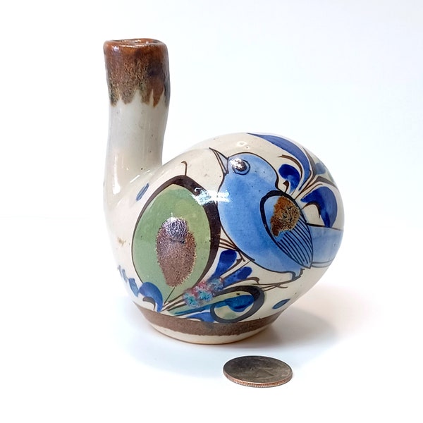 Vintage Tonala Pottery Bud Vase with blue bird and green Florals signed Ken Edwards, Mexico.