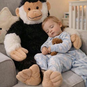 May include: A sleeping child cuddles a small teddy bear while resting against a large plush monkey toy. The monkey has black fur, white face and hands, and tan feet. The child wears blue pajamas with a white pattern.