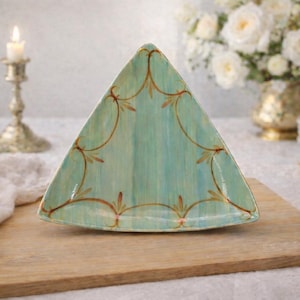 Gail Pittman Pottery Plate – Hand-Painted Aqua Rust Scroll, Triangular Serving Art