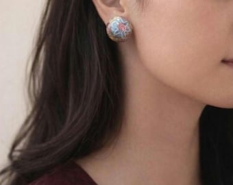 Vintage Wedding Cake Bead Screw-On Earrings | Venetian Murano Style Art Glass | Pink Blue Gold Foil Italian Inspired Costume Jewelry 1940's