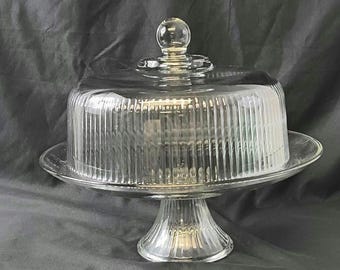 Vintage Glass Cake Stand with Dome Lid, Ribbed Glass Cloche, Pedestal Dessert Stand, Clear Cake Plate with Cover, Farmhouse Kitchen Decor