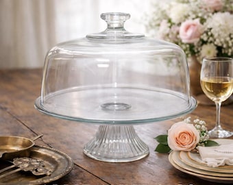 Vintage Glass Cake Stand with Dome | Pedestal Dessert Stand | Clear Glass Cloche | Farmhouse Kitchen Display | Wedding Cake Stand