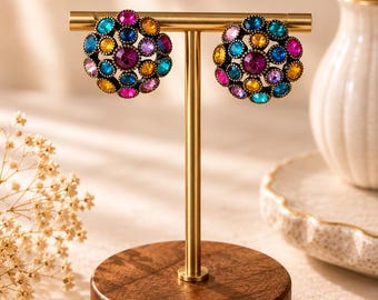 Vintage Avon NRT Multicolor Rhinestone Cluster Stud Earrings | 1990s Rainbow Crystal Statement Earrings | Colorful Signed Costume Jewelry