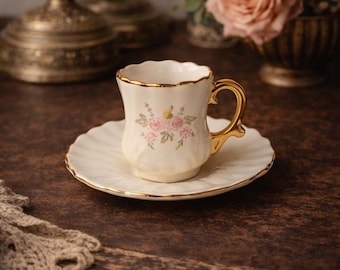 Vintage Porcelain Demitasse Cup & Saucer: Pink Rose Floral, Gold Trim