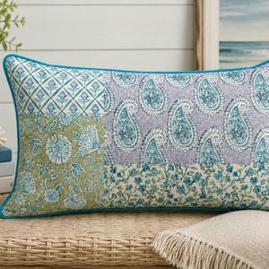 Rachel Zoe Lumbar Pillow / 12x22 Blue Green Patchwork Throw Pillow with Floral Paisley Coastal Boho Cottage Vibe