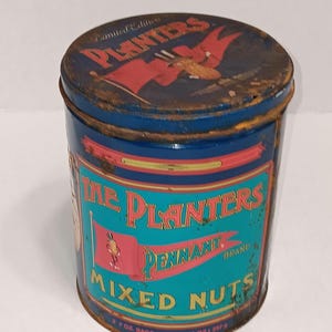 Vintage Planters Pennant Mixed Nuts Tin Can – Limited Edition Mr. Peanut Advertising Tin – Distressed Rusty Patina – 1980s Collectible