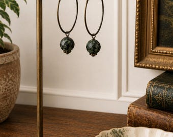 Vintage Brass Color Hoop Earrings with Matte Moss Green Faceted Beads | Boho Cottagecore Jewelry | Lightweight Statement Hoops