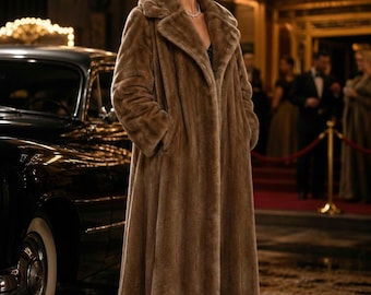 Vintage Tissavel France Faux Fur Coat / Large /Made in Scotland / Full Length Taupe Brown Luxury Winter Coat / Glam Old Hollywood