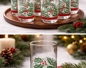 Vintage Christmas Highball Glasses – Mid-Century Holly Berry Print, Set of 8