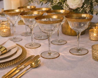 Vintage Tiffin Crystal Champagne Coupes - Gold Encrusted Hollywood Regency Barware - Set of 7