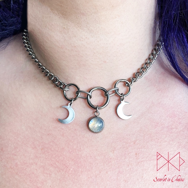 Midnight Goddess stainless steel day collar - Goth choker - Triple moon goddess necklace - Goth day collar - Crescent moon collar - Goth