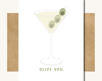 Olive You Card -- Dirty Martini Card // Card for Dirty Martini Lover // Olive Card // Alcohol Card // Valentines Card // Anniversary Card