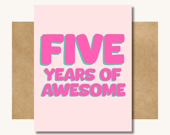 Five Years of Awesome - Fifth Birthday Card // Girly Birthday Card // Card for Five Year Old // Girls Fifth Birthday Gift // Girl Birthday