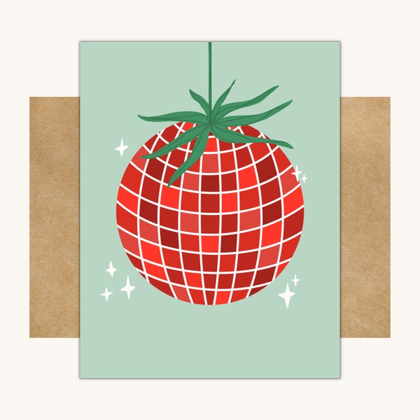 Tomato Disco Ball Card -- Tomato Disco Ball // Funny Kitchen Print // Vegetable Card // Disco Card // Disco Blank Card // Disco Tomato Card