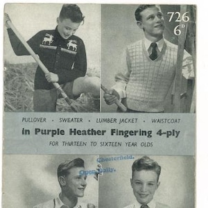 May include: A vintage knitting pattern booklet featuring four boys wearing different sweaters and vests. The booklet is titled "in Purple Heather Fingering 4-ply" and is for ages 13 to 16.