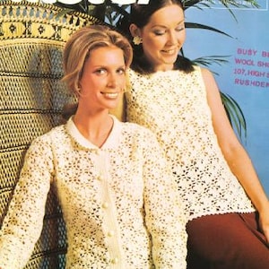 May include: Vintage magazine cover featuring two women wearing cream-colored crochet tops. The text "Lister" is at the top, with "The Crochet Set" at the bottom. The background includes a wicker chair and tropical plants.