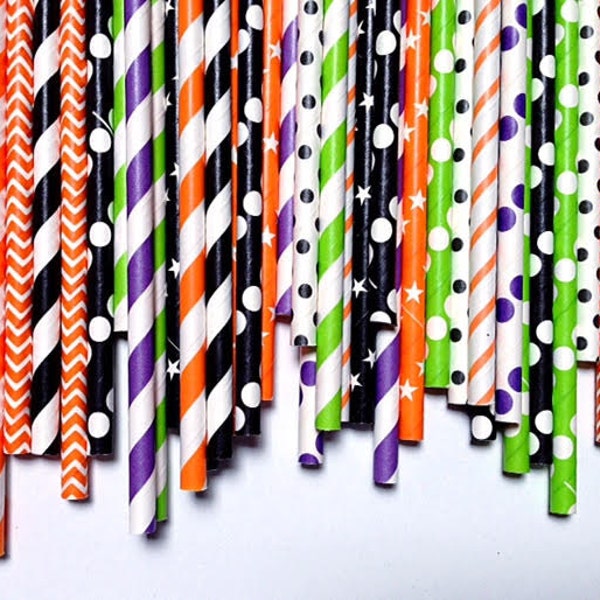 HALLOWEEN Paper Straws- 100 Chevron Striped Polka Dot Scary decor, October 31st Party Straw. Orange and black, Green and purple