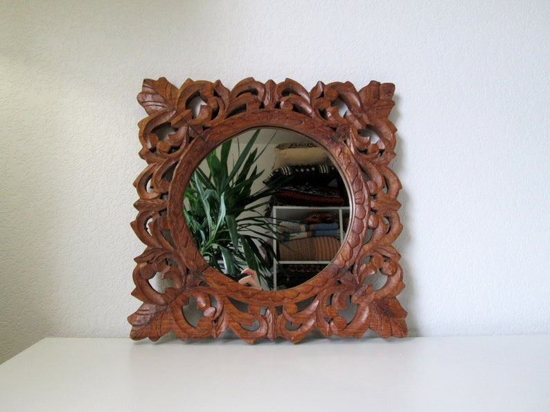 Carved Wood Framed Mirror India Square Frame Round Hand Vintage Glass Silvering Fl Natural Boho