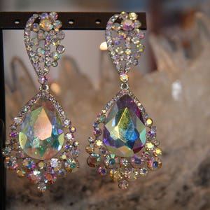 AB large crystal earrings, AB pageant earrings, AB prom earrings, chunky rhinestone earrings, ab clip on earrings image 1